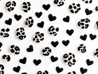 Fototapeta premium A pattern of hearts and leopard spots on a white background. The leopard spots are black and white, and the hearts are also black and white. The image has a playful and whimsical mood