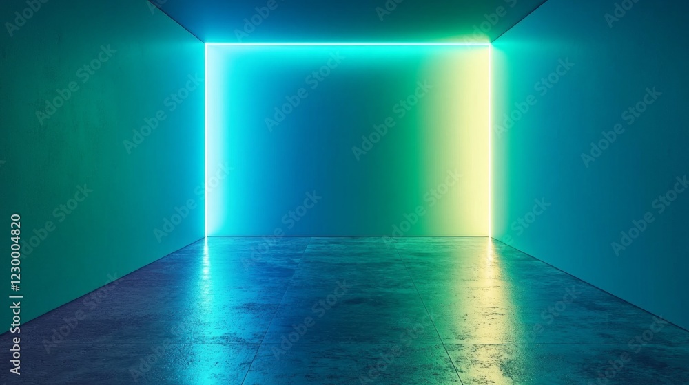 Poster a mesmerizing display of glowing blue and green gradients transforms a minimalist interior, casting 