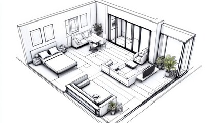 Modern Interior Design Layout in Minimalist Style with Furniture