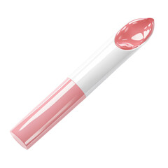 A close-up shot of a pink lip gloss in a sleek white and pink tube, showcasing its glossy texture and modern design.