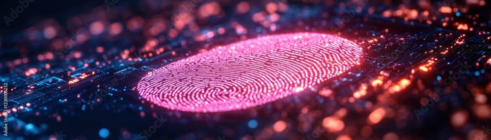 Poster close up of a fingerprint on a computer screen demonstrating biometric authentication technology