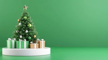 Festive Christmas Tree with Gifts on Bright Green Background