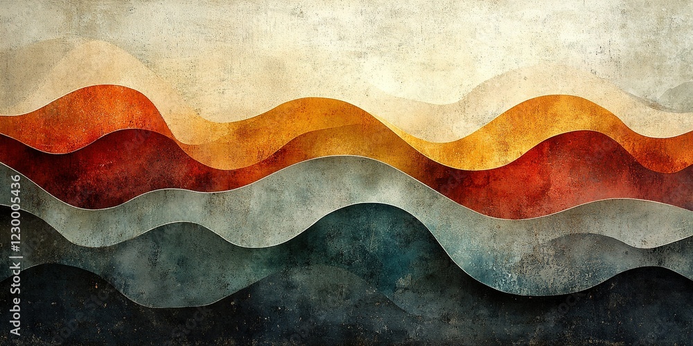Poster abstract waves in warm colors create a rhythmic and textured landscape with smooth curves and layers