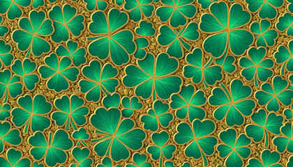 Abstract emerald green mosaic of shamrocks and gold details, glowing softly, perfect for St. Patrick’s Day designs.