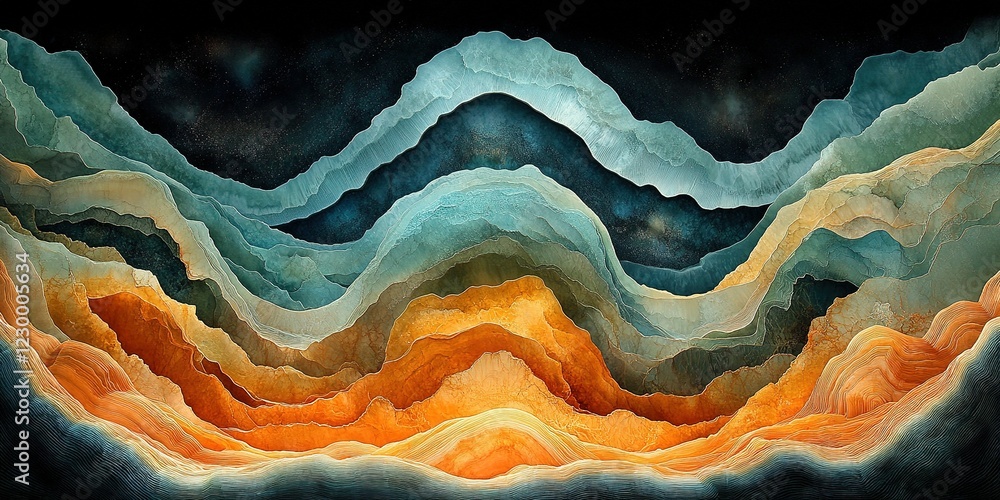 Poster colorful abstract waves with layered textures and gradients in a dark background created through dig