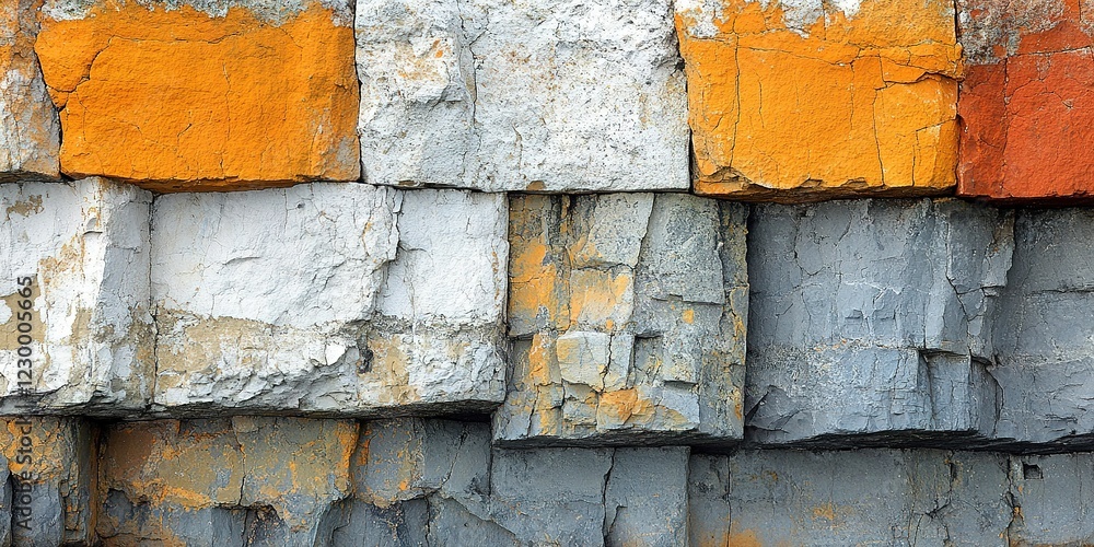 Poster textured rock wall with bright colors and layered stones creating a unique visual pattern in natural