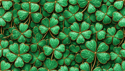 Abstract emerald green mosaic of shamrocks and gold details, glowing softly, perfect for St. Patrick’s Day designs.