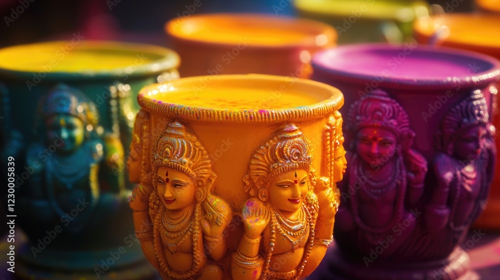 Poster a collection of colorful vases with faces on them. the vases are arranged in a row, with some being 