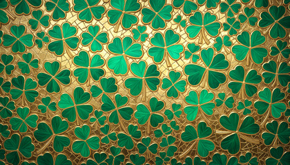 Abstract emerald green mosaic of shamrocks and gold details, glowing softly, perfect for St. Patrick’s Day designs.
