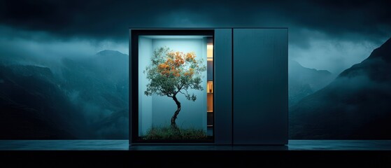 A minimalist structure housing a solitary tree, set against a dramatic mountain backdrop.