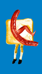 Minimalistic absurd collage. Toast with sausage and human legs stands against blue background,...