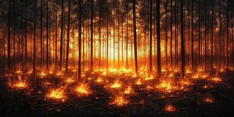 Obraz premium Wildfire spreads rapidly through dense forest, illuminating the landscape with intense flames