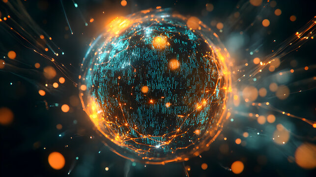 sphere composed of binary code and floating data connections 