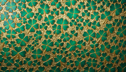 Abstract emerald green mosaic of shamrocks and gold details, glowing softly, perfect for St. Patrick’s Day designs.