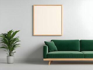Green sofa, blank frame, plant, room