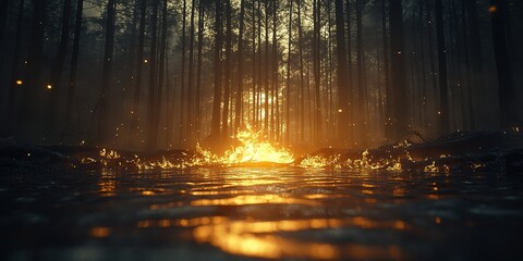 Flames reflect on water as sunlight breaks through a smoky forest during a wildfire