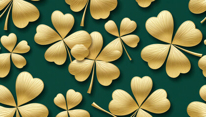 Abstract emerald green mosaic of shamrocks and gold details, glowing softly, perfect for St. Patrick’s Day designs.