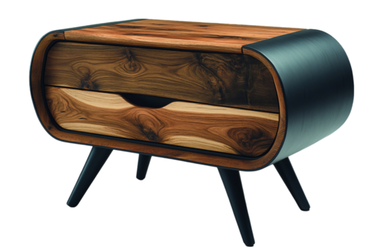 Mid Century Modern Wooden Nightstand with Black Metal Accents an