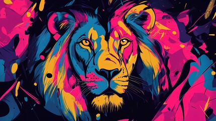 Vibrant Neon-Colored Lion Portrait Art