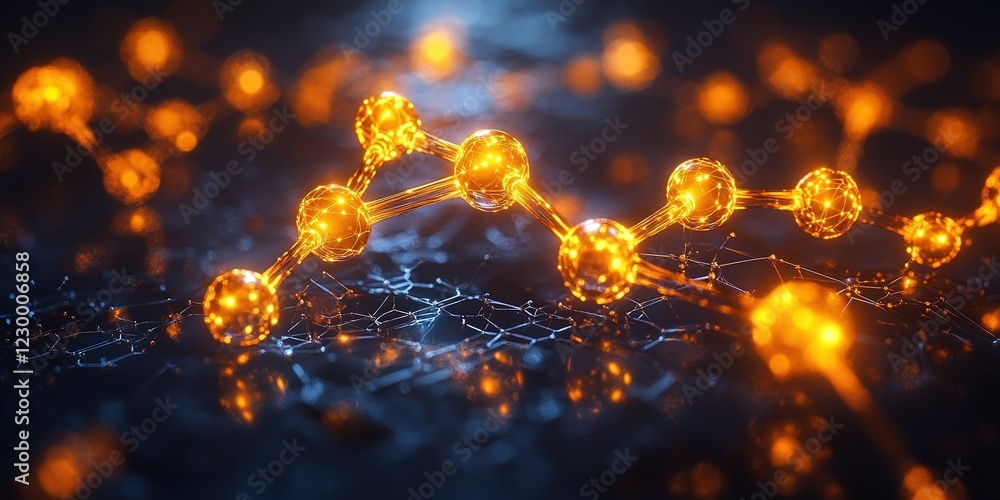 Poster illuminated molecular structure showcasing intricate patterns and glowing connections in a dark sett