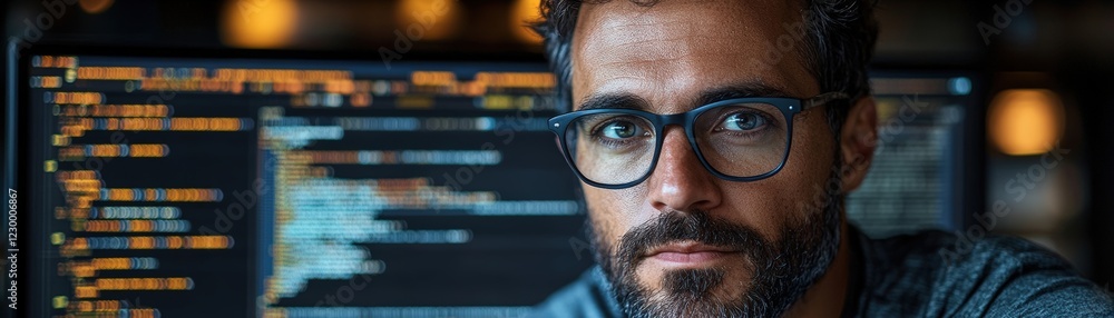 Poster man with glasses focused on computer screen in an office environment during daytime working hours