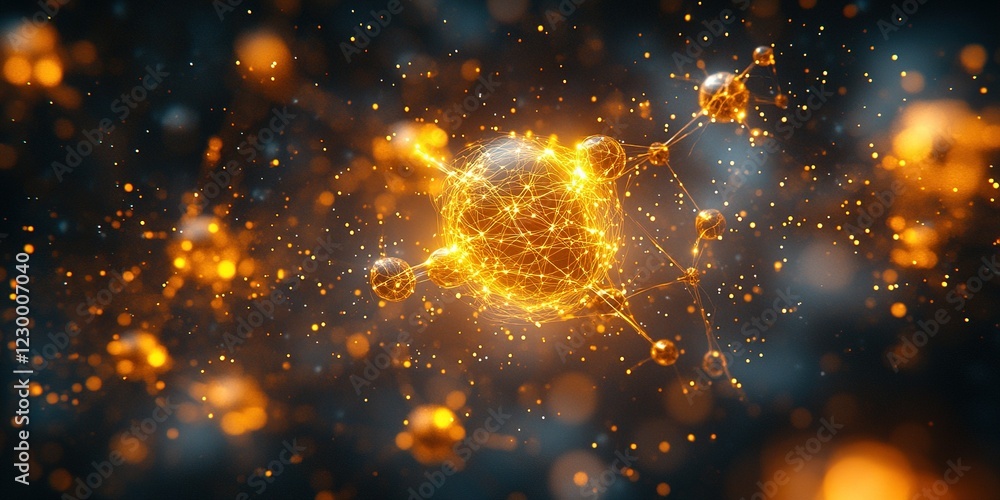 Poster molecular structure illuminated with golden connections creating a dazzling effect in a scientific e
