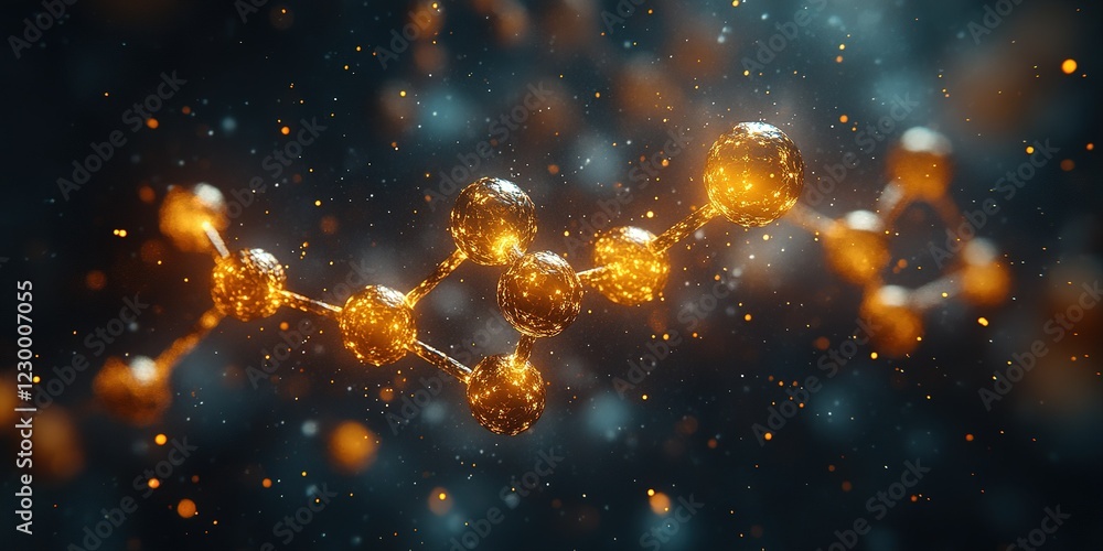 Poster exploring the intricate structure of molecular chains with glowing particles in a dynamic abstract b
