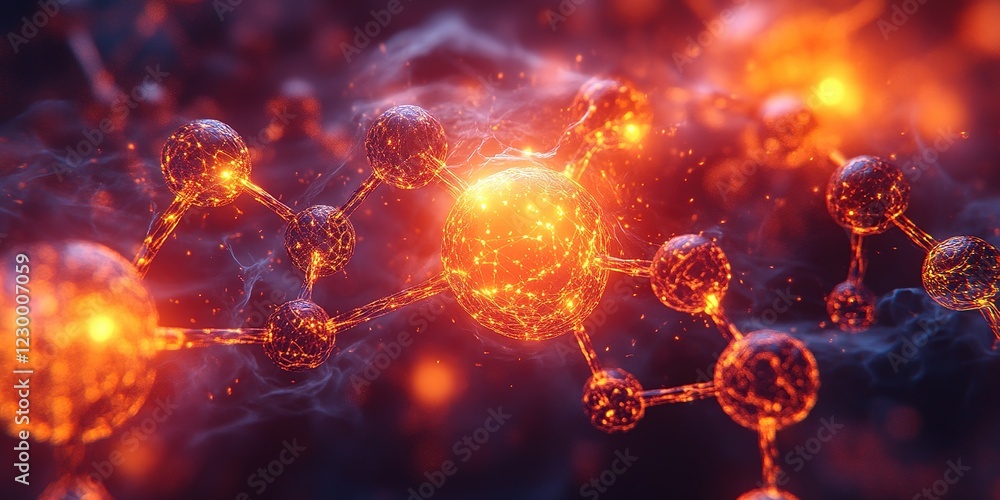 Poster molecules glowing with energy in a dark background create an intriguing display of vibrant colors an