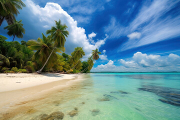 Beautiful wild beach and sea. View of nice tropical beach with palms around. Summer vacation and tropical beach concept. Generative AI
