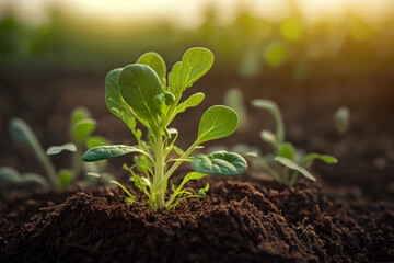 Young leaves of arugula plant in soil, closeup. Young greens for salad. Generative AI