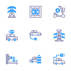 Electricity icon set. Bold line style. Duotone colors. Editable stroke. electric car, electric power, electric socket, electric telegraph, electric scooter, electric tower