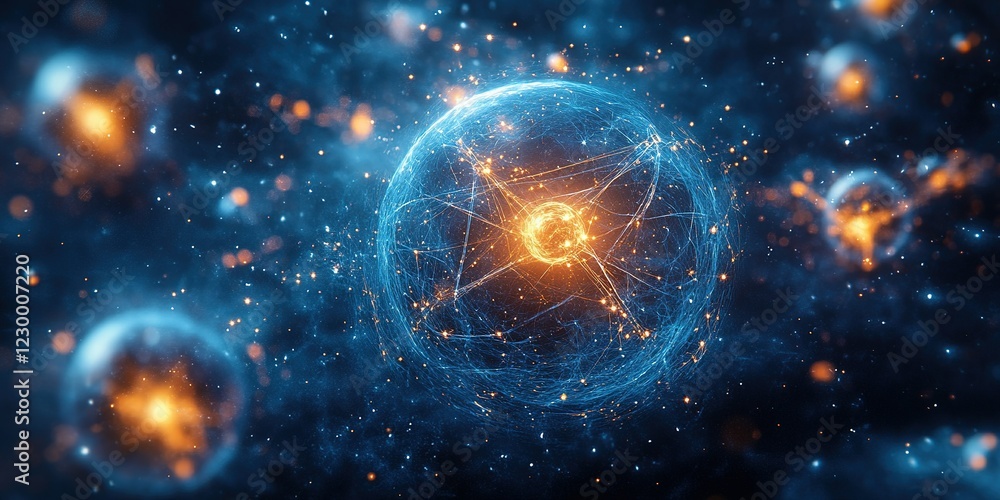 Poster visual representation of atomic structure showcasing molecular connections and energy in a cosmic en