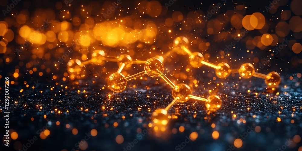 Aufkleber molecular structure illuminated by glowing particles in a dark, abstract environment