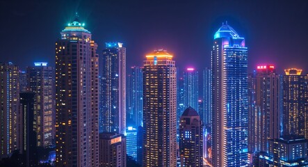 Obraz premium High rise buildings illuminated with bright lights at night