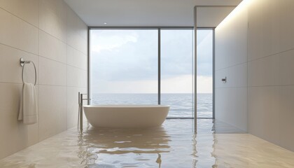 Fototapeta premium Modern bathroom submerged in water, showcasing the impact of leaks or overflow, with natural light streaming through the window