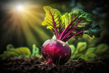 Red beet in a vegetable garden close up. Gardening and Agriculture concept. Generative AI