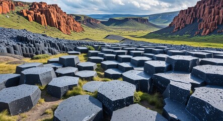 Obraz premium Hexagonal basalt columns in a natural landscape