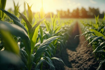 Field with young corn in sunlight, soft focus. Gardening and Agriculture concept. Generative AI