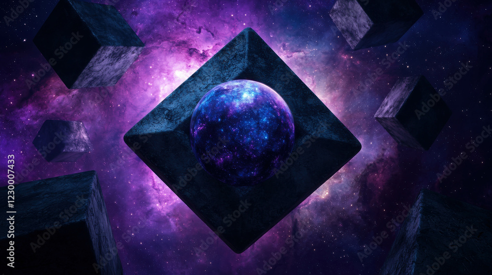 Poster massive cosmic geometric scene with floating shapes in stunning universe background