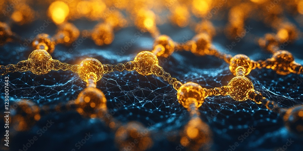 Poster exploring the intricate world of atomic structures with glowing connection in a vibrant network