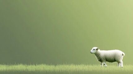 Cute Lamb in Green Grass Field with Soft Blurred Background