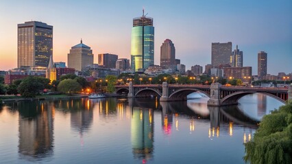 Naklejka premium Boston Skyline Panorama: Charles River, Cityscape, Dusk
