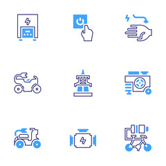 Electricity icon set. Bold line style. Duotone colors. Editable stroke. power button, electric heater, engine, electric bike, electric tower, electrical hazard, electric generator, electric bicycle