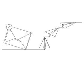 flying Paper plane and mail. One continuous line drawing mail of paper. Symbol of business. Editable stroke. Doodle line illustration