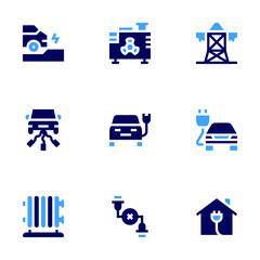 Electricity icon set. Bold style. Duotone colors. electric car, electric generator, electric tower, electric heater, smart home, cable break