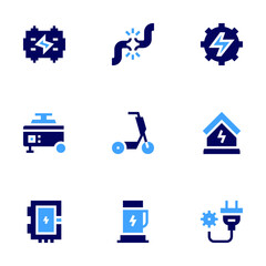 Electricity icon set. Bold style. Duotone colors. electric charge, electric gear, plug, electricity, broken cable, scooter, electric generator, fuse box