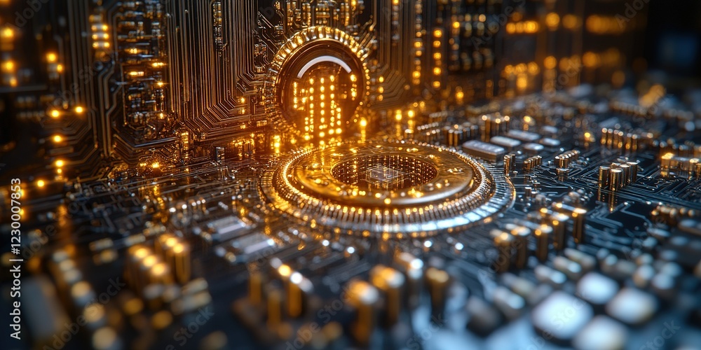 Poster exploring intricate details of a futuristic circuit board illuminated with vibrant lights and comple