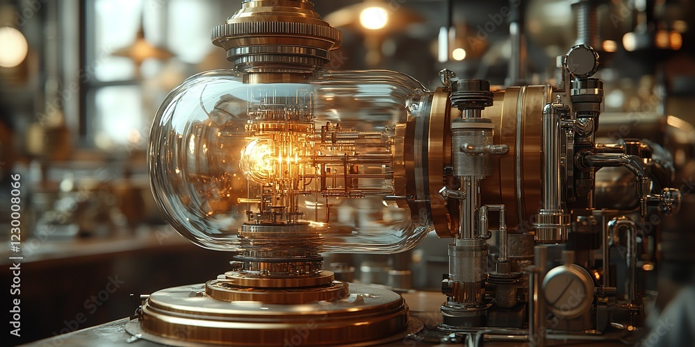 Poster intricate steampunk machine showcasing glowing components in a workshop setting
