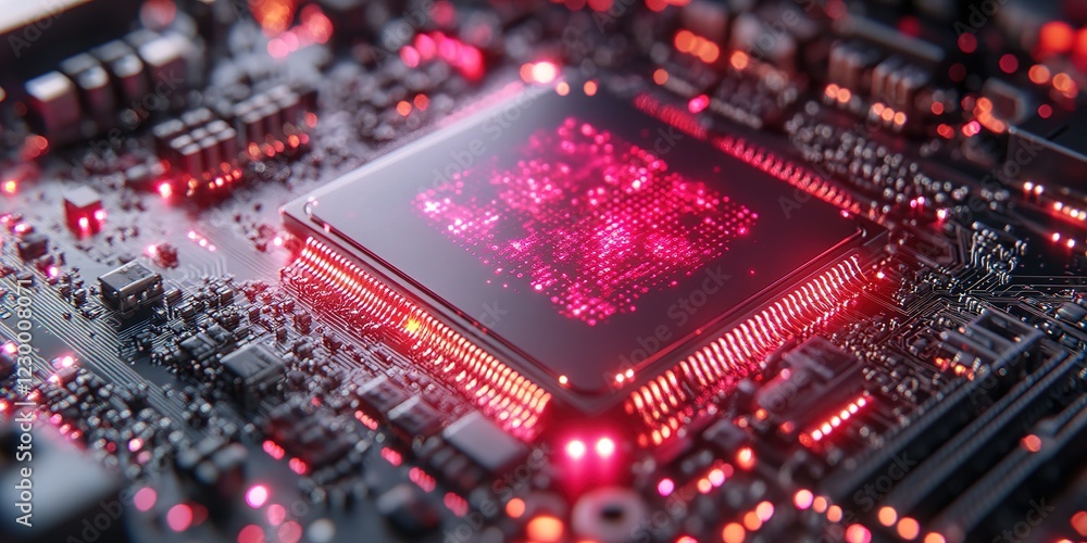 Poster intricate details of a circuit board showcasing vibrant red lighting and a central microprocessor du