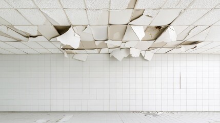 Office ceiling with deteriorated tiles and peeling layers, highlighting structural damage and maintenance needs